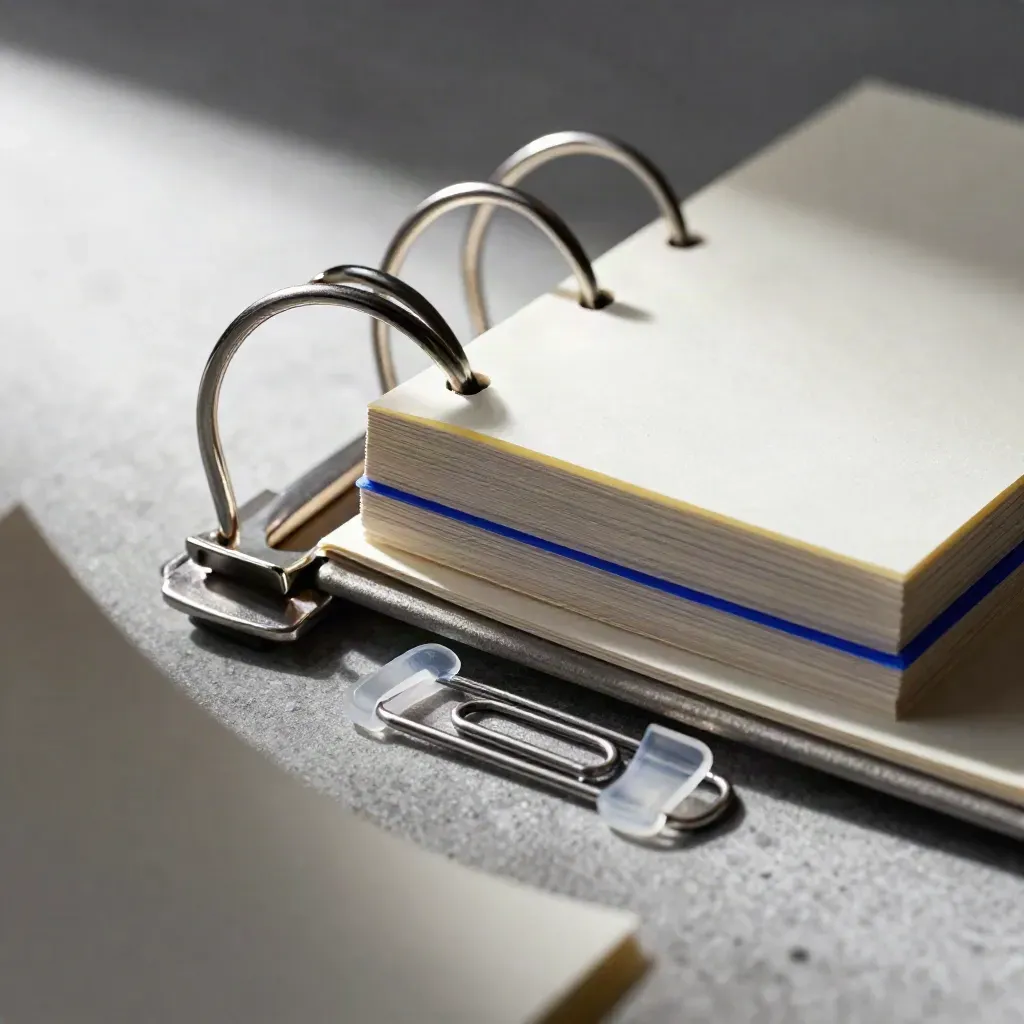 Binder loops, paper corner clips, and a note cube on brushed stone with a cobalt-blue accent.
