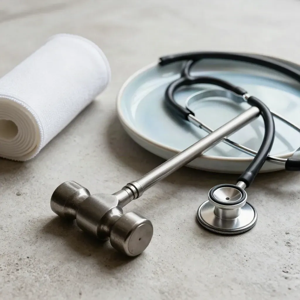 Stainless reflex hammer, coiled stethoscope, porcelain tray and gauze rolls on pale concrete.