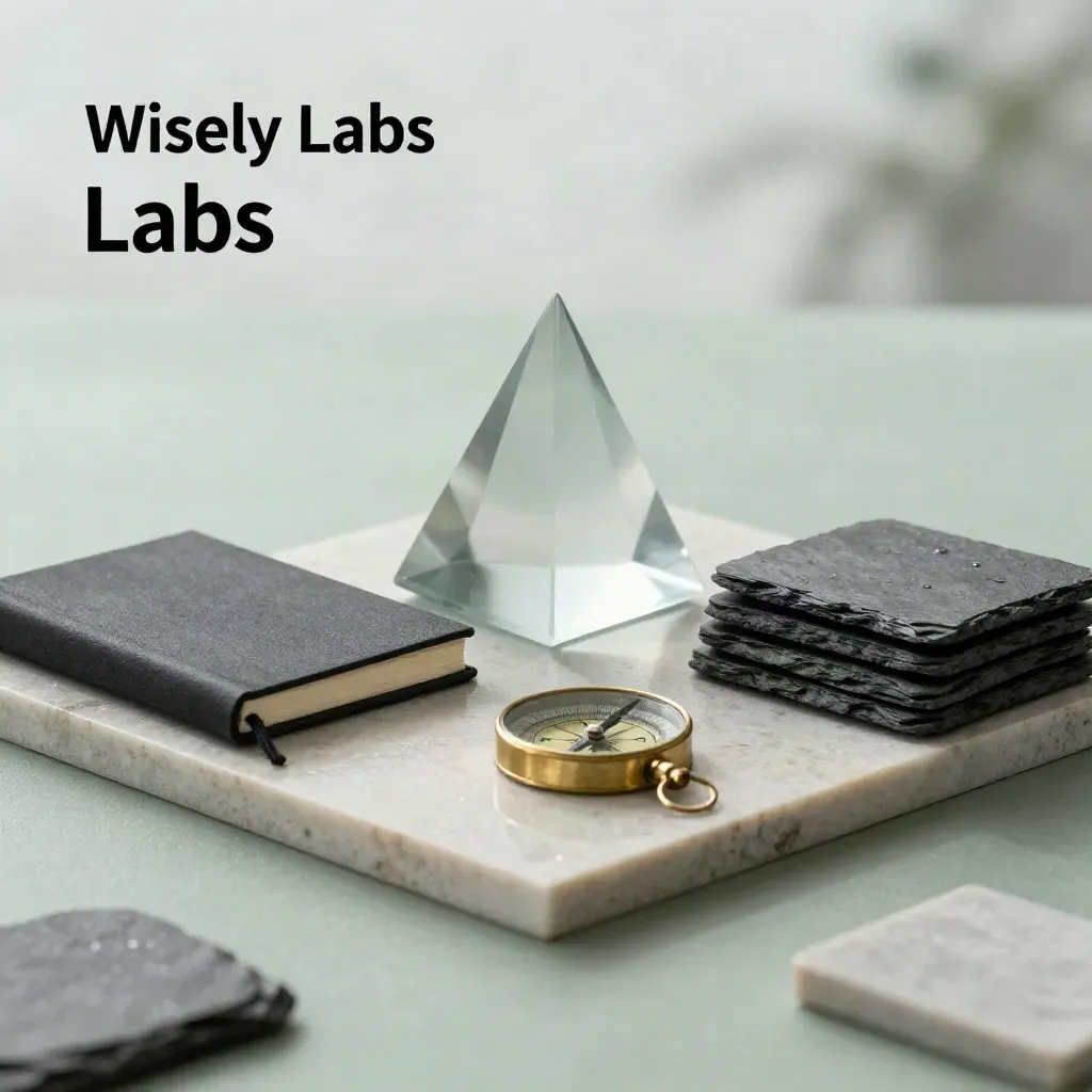 Brushed metal blocks, frosted prism, notebook, compass, and slate on pale stone