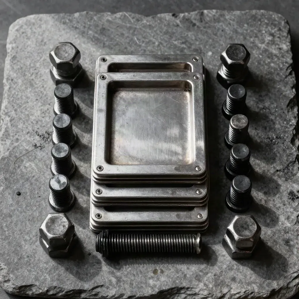 Top-down still life of rail joiner plates, bolts, and a coupling pin on matte stone.