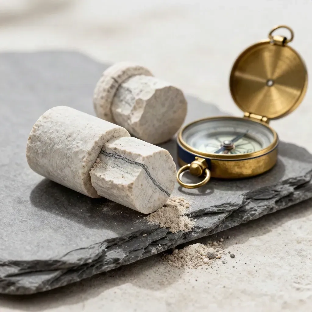 Mineral core samples, brass field compass, and slate tray on limestone under hard side light.