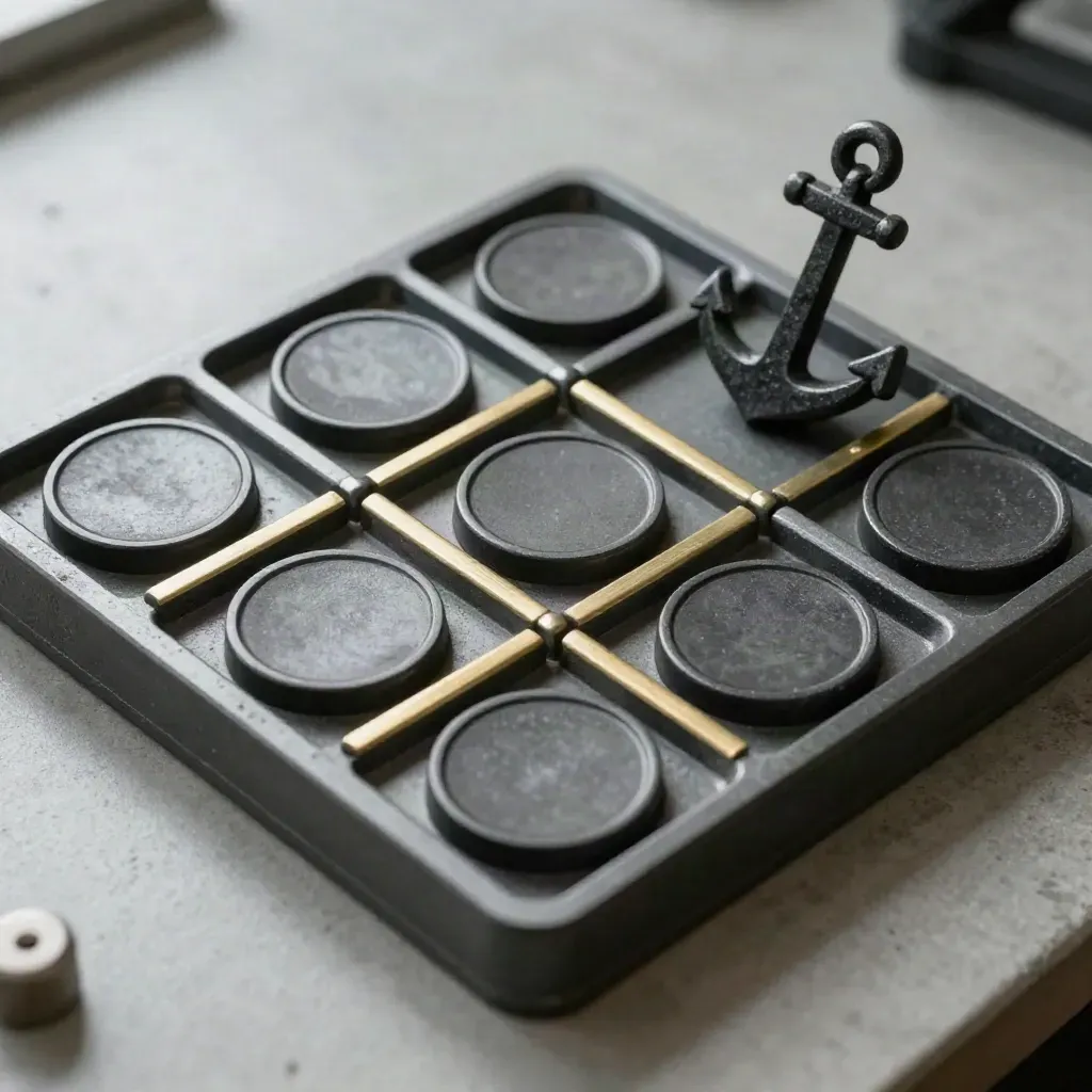 Overhead macro of a graphite tray with matte tokens, brass spacers, and a black stone block.