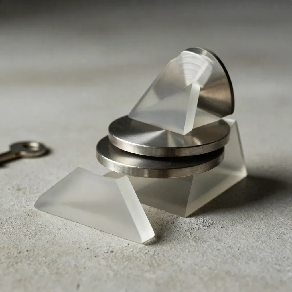 Nested resin wedges and steel discs on pale concrete, lit dramatically with soft haze.