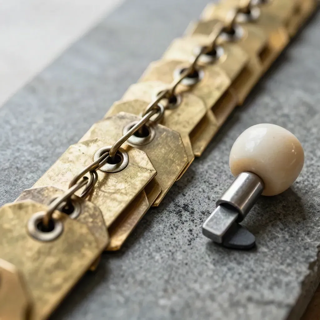 Macro of brass tags linked by steel clip and ceramic weight on brushed stone, in fine haze.