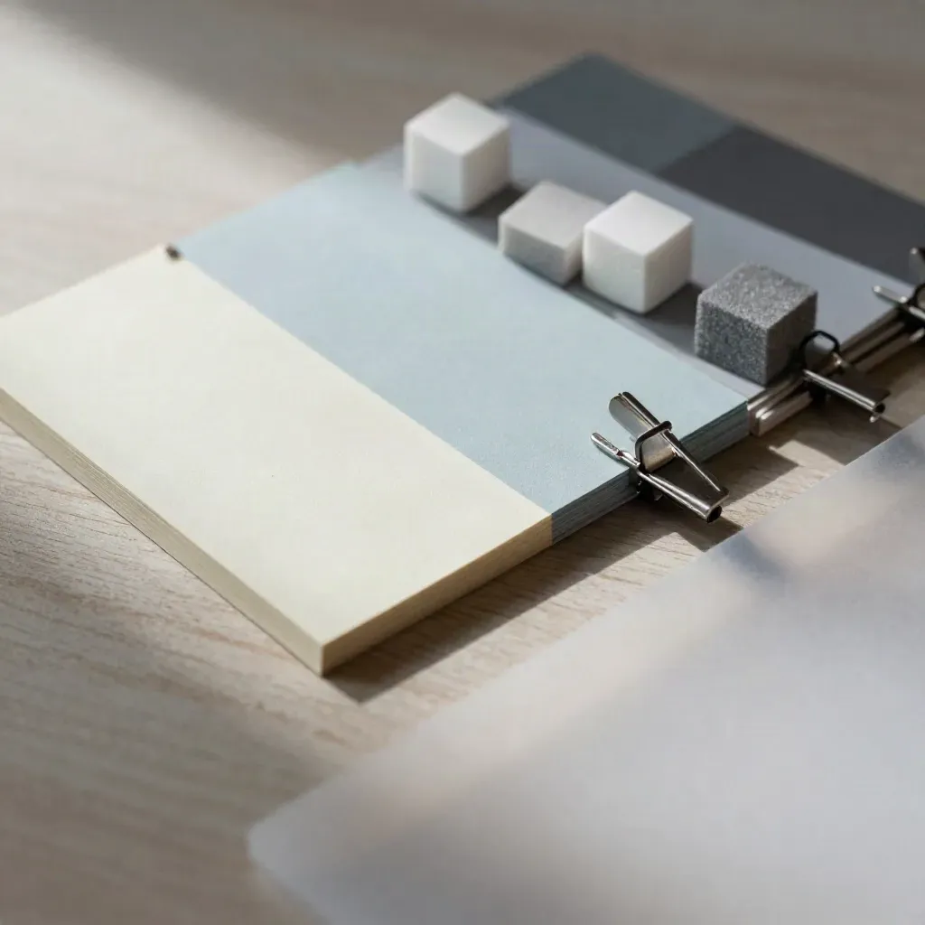 Swatches, foam cubes and adhesive note pads on pale wood under skimming light.