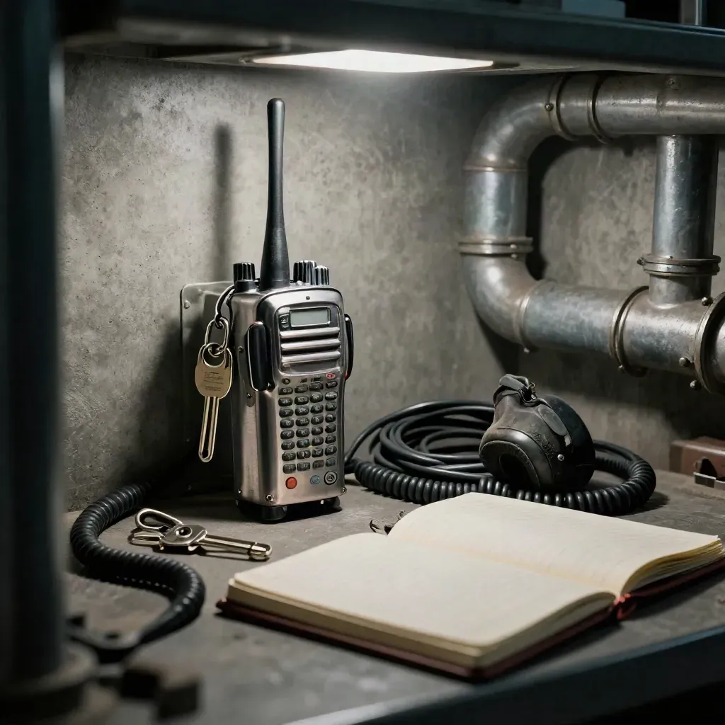 Industrial relay tools on brushed steel in warehouse haze, lit dramatically through a foreground pipe.