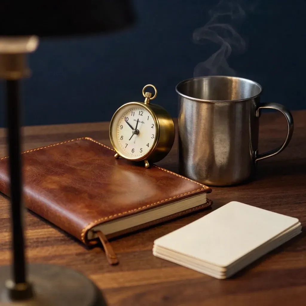 Leather notebook, steel mug, brass timer and cream cards on walnut in warm studio light.