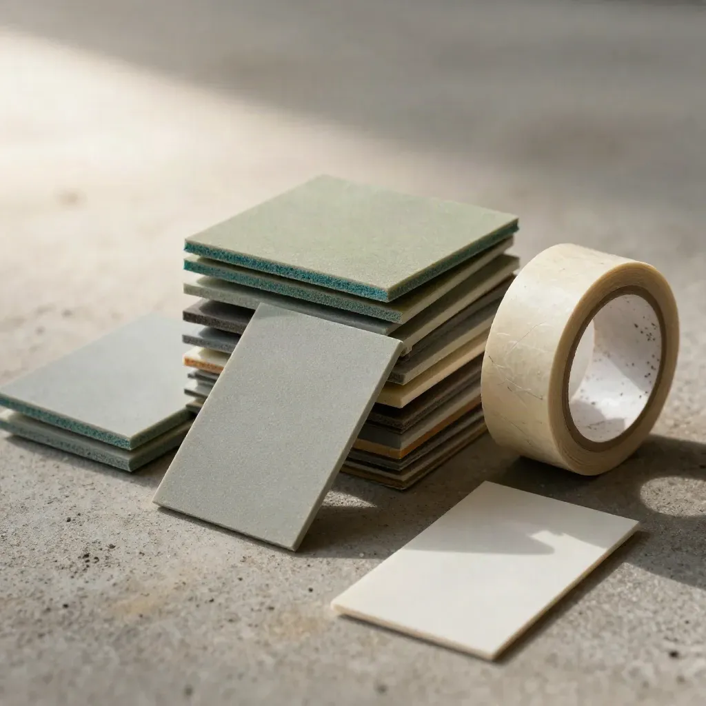 Macro foam prototypes and sample chips on concrete with teal accents and masking tape.