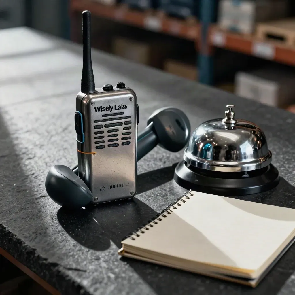 Walkie-talkie, desk bell, cable ties, and memo pad on slate with cool sky-blue accents.