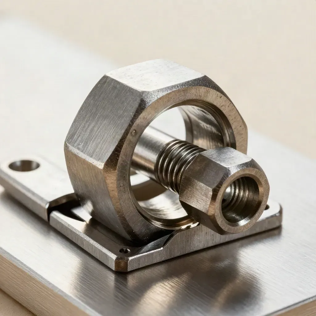 Macro metal coupler and hinge pins seated in brushed brackets on steel, lit softly with bright haze