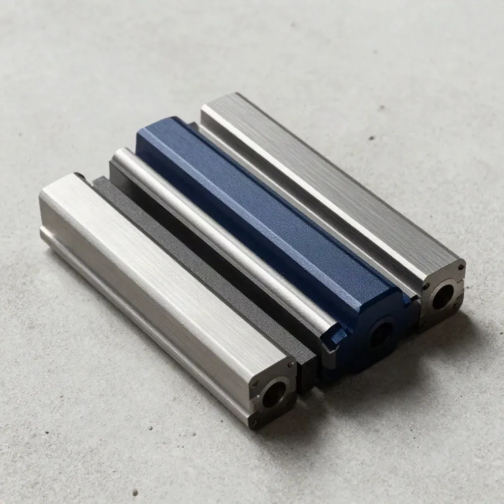 Top-down macro of aligned rail segments and a navy dovetail connector on pale concrete.