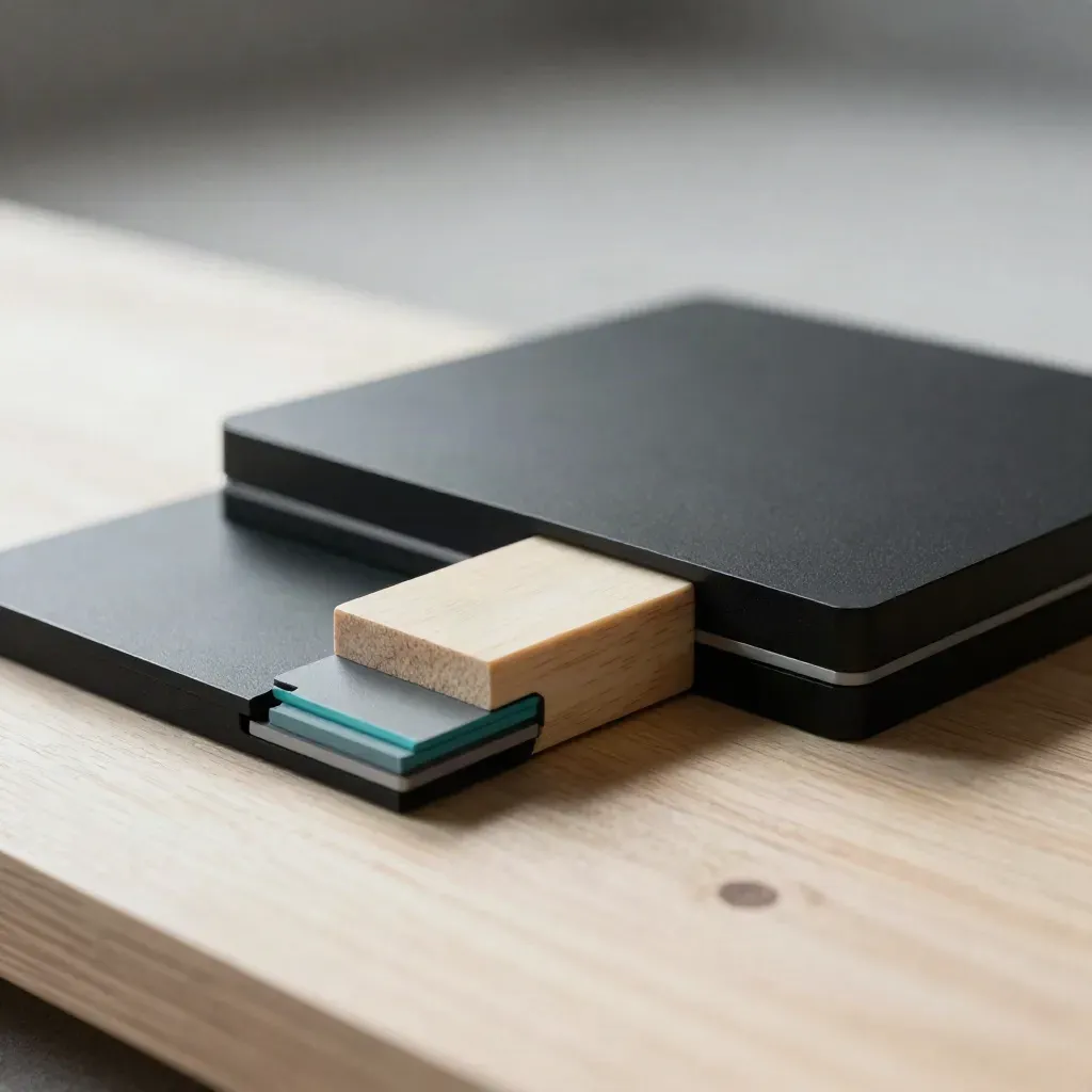 Modular ivory blocks and black plates on pale wood, lit dramatically in a premium still life.