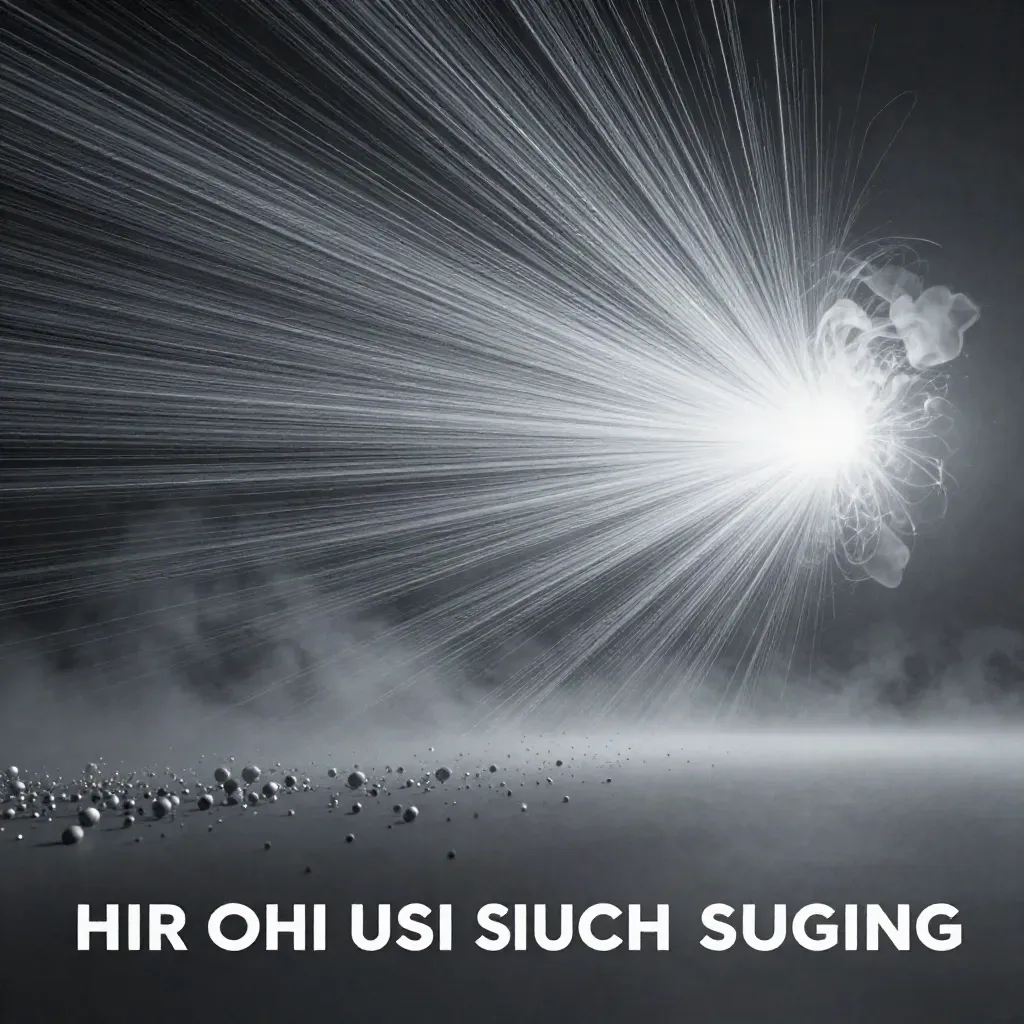Silver filaments bloom in graphite haze with drifting motes and a calm empty lower third.